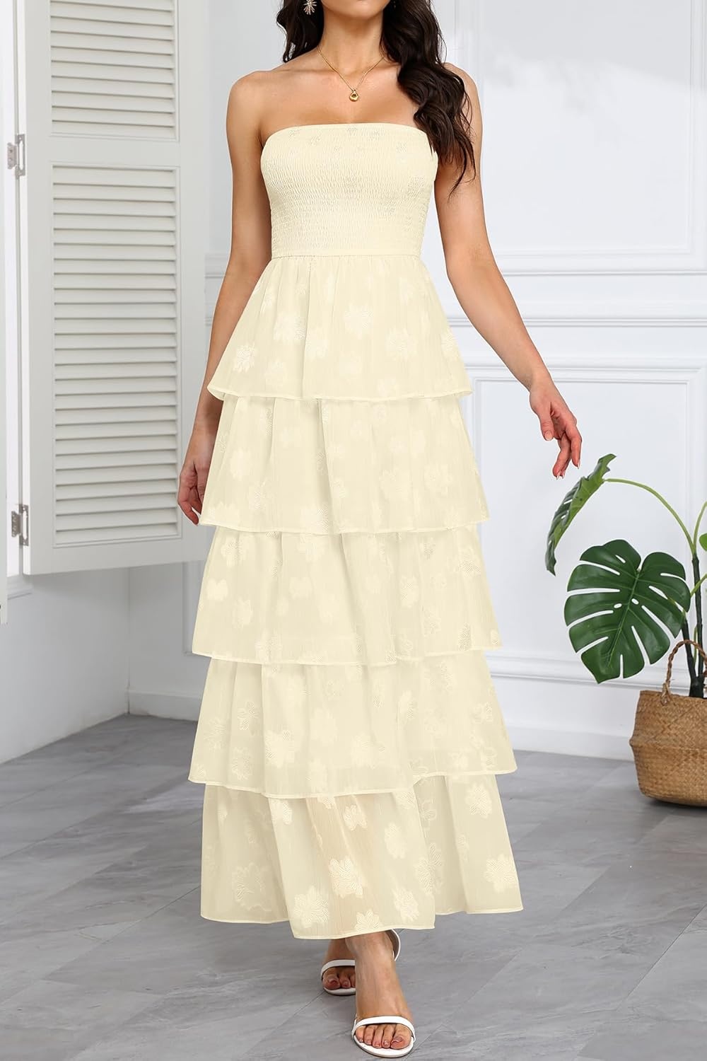 Talisea Women’s Strapless Maxi Dress – Smocked Textured Jacquard Tiered Beach Wedding Guest Summer Boho Dress with Lining(Beige)