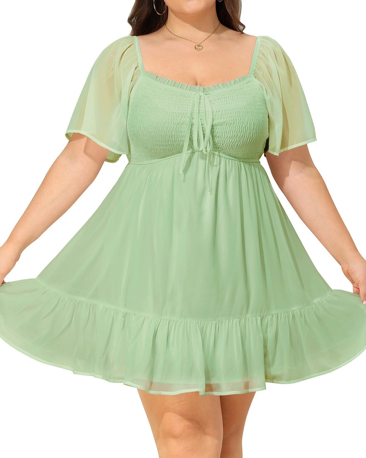 Talisea Plus Size Women’s Sweetheart Neckline Dress Smocked Short Summer Sundress Chiffon Mini Cute Graduation Dresses(Green Short Sleeve)