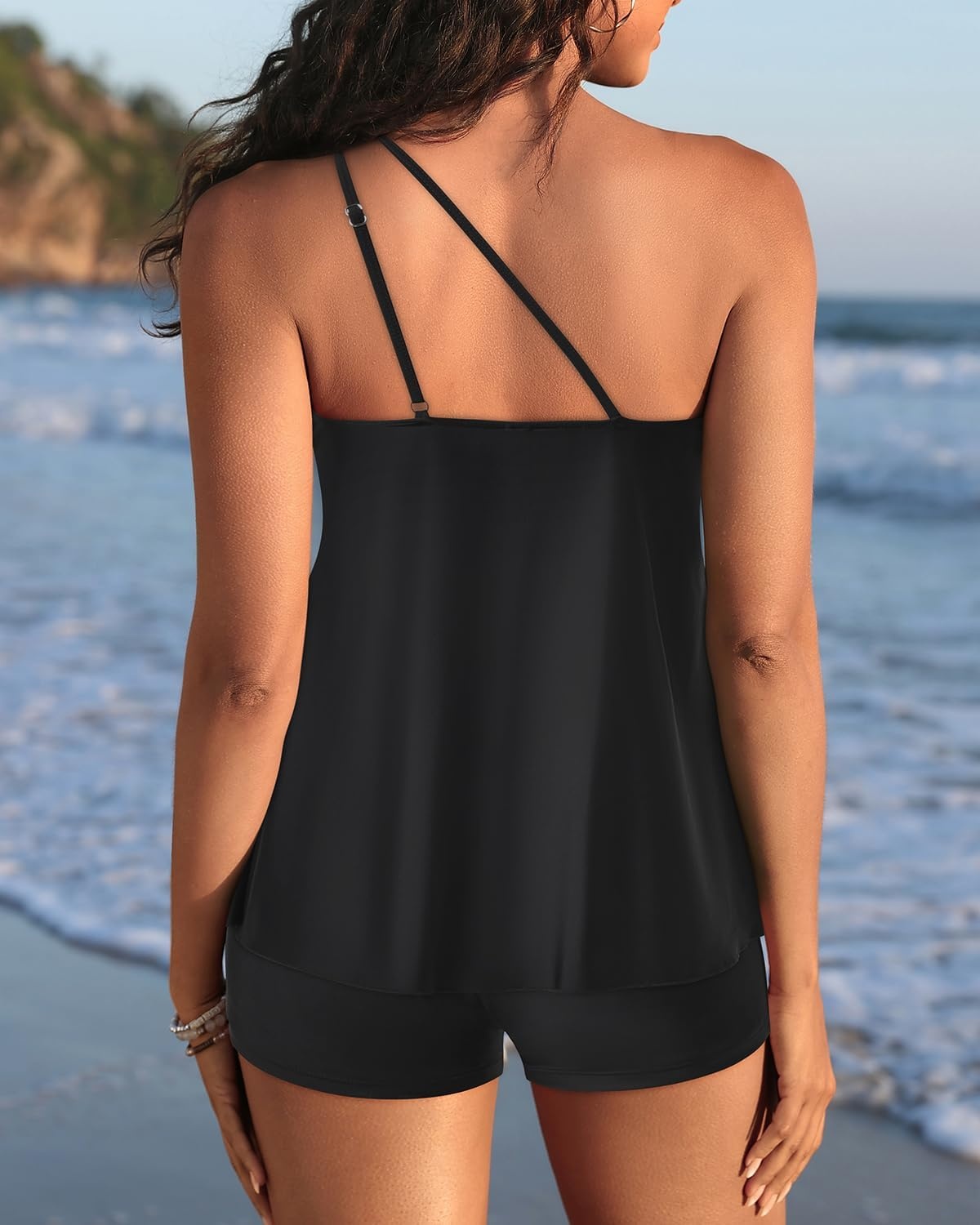 Women Tankini with Shorts – Two Piece Bathing Suits One Shoulder Tummy Control Swimsuit 2025 Flowy Swimwear(Black)