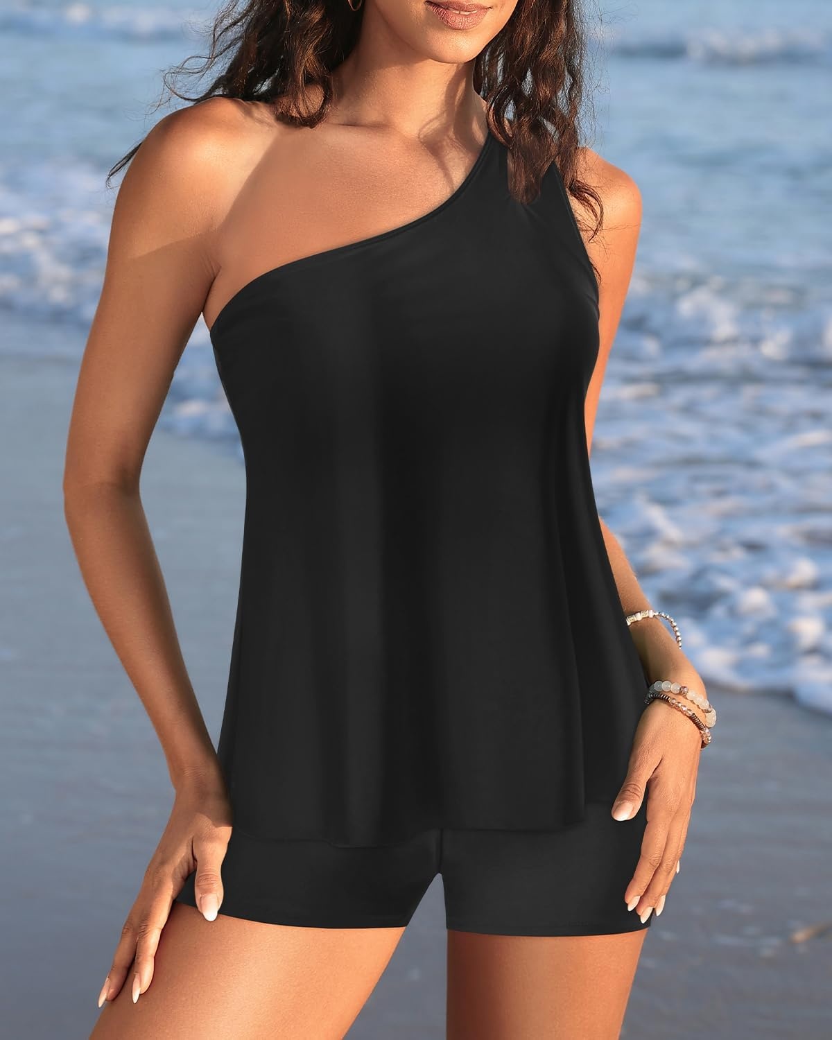 Women Tankini with Shorts – Two Piece Bathing Suits One Shoulder Tummy Control Swimsuit 2025 Flowy Swimwear(Black)
