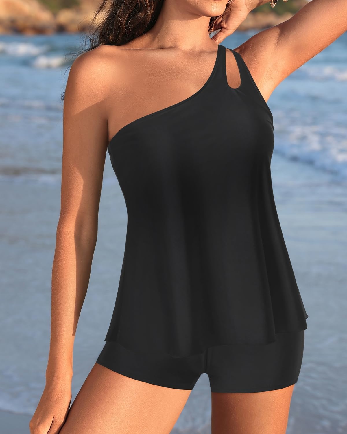 Women Tankini with Shorts – Two Piece Bathing Suits One Shoulder Tummy Control Swimsuit 2025 Flowy Swimwear(Black)
