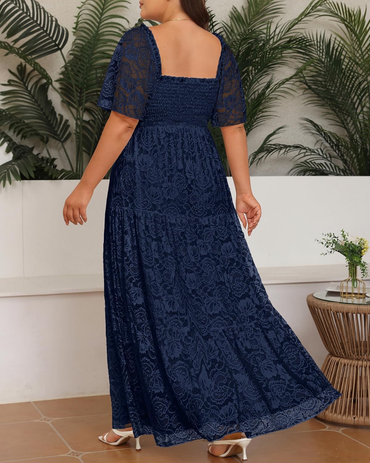 Plus Size Wedding Dress Bride Boho Lace Formal Square Neck Ruffle Sleeves Long Dresses for Curvy Women(Navy Blue)