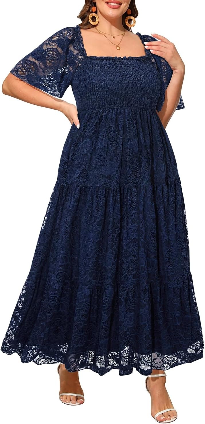 Plus Size Wedding Dress Bride Boho Lace Formal Square Neck Ruffle Sleeves Long Dresses for Curvy Women(Navy Blue)