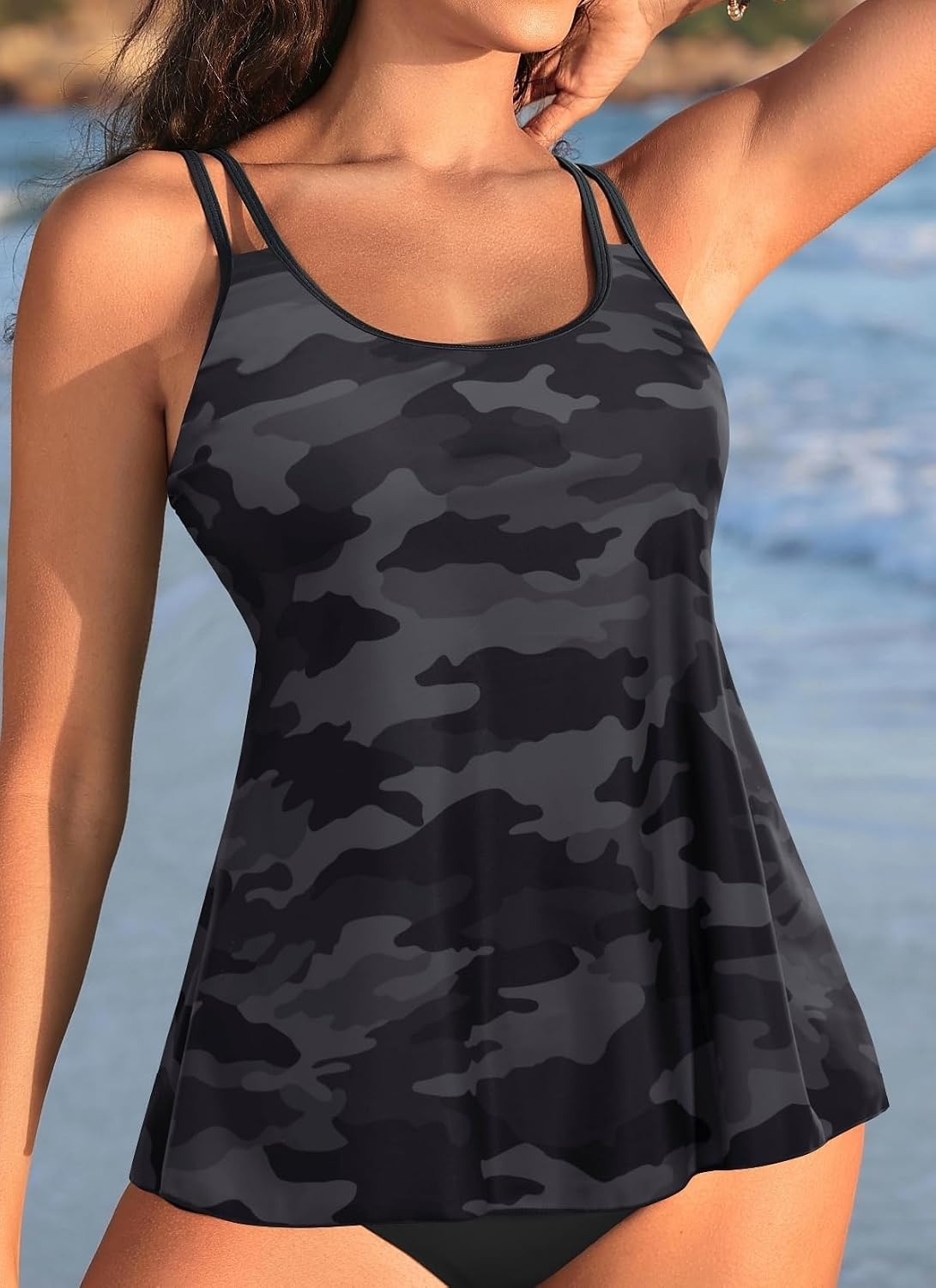 Womens Flowy Tankini Tops Only – Modest Bathing Suit Swim Tops No Bottom | Flowy design provides a relaxed fit. Adjustable straps offers a customizable fit. Removable Pads and fully lined for comfort(Camo)