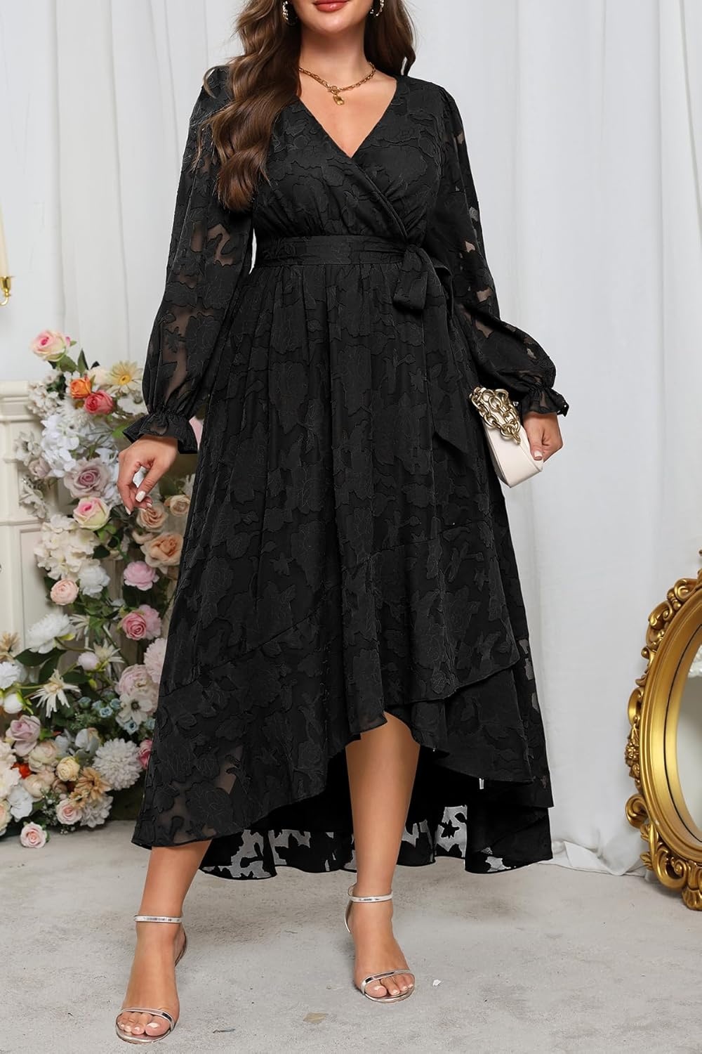 Plus Size Dresses Wedding Guest Fall Floral Wrap V Neck Maxi Dress Women(Black)