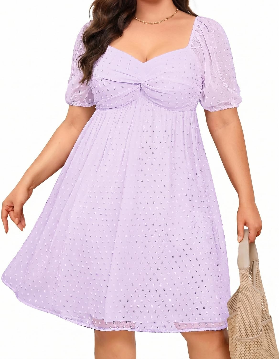 Plus Size Graduation Dress – Summer Swiss Dot Sweetheart Neckline Short Sundress Puff Sleeve Cute Flowy Chiffon Dresses(Lavender Short Sleeve)