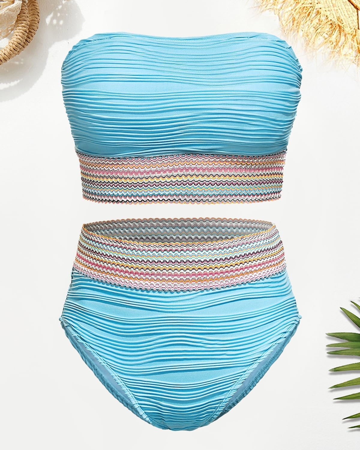 High Waisted Bandeau Bikini Set – Women Strapless Two Piece Swimsuits Ribbed Longline Full Coverage Bathing Suits Swimwear(Blue)