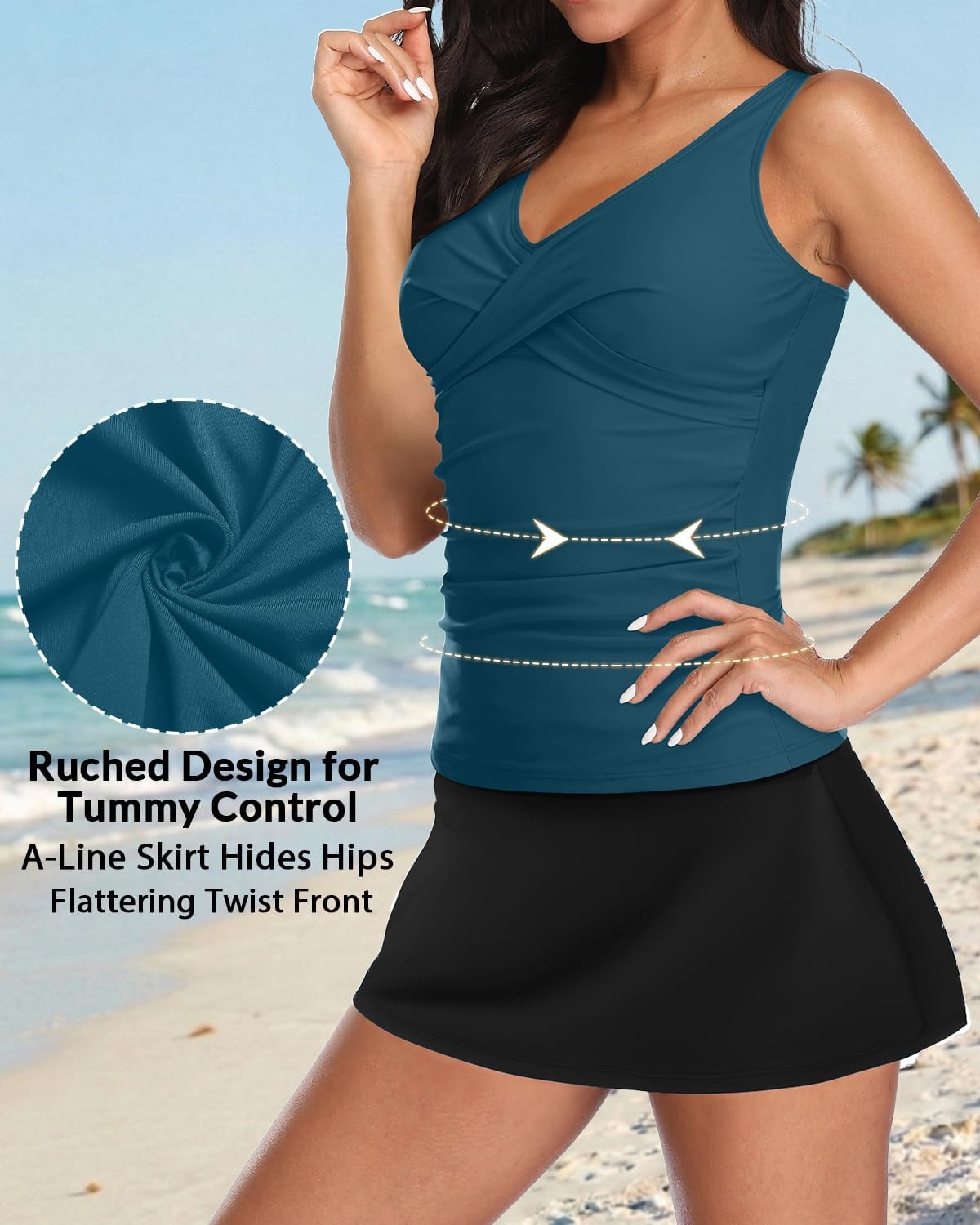 Talisea Womens Tankini Bathing Suits with Skirt Two Piece Tummy Control Swimsuits Ladies Swimwear(Teal and Black)