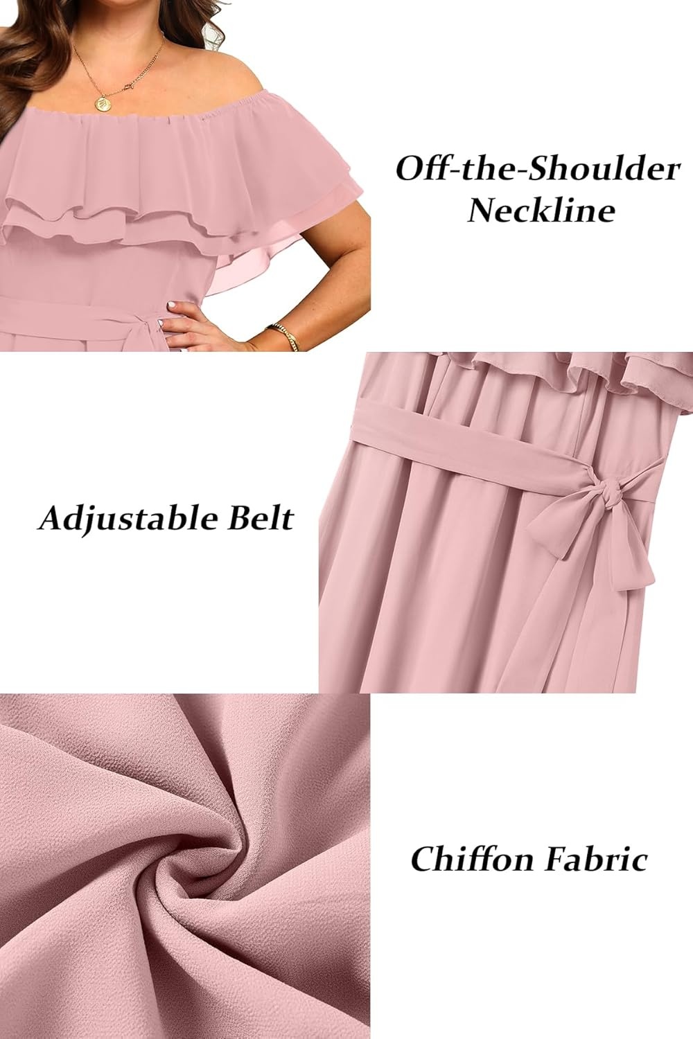 Talisea Plus Size Pink Dress Wedding Guest Bridesmaid Bridal Shower Formal Ruffle Off the Shoulder Chiffon Midi Dresses Women