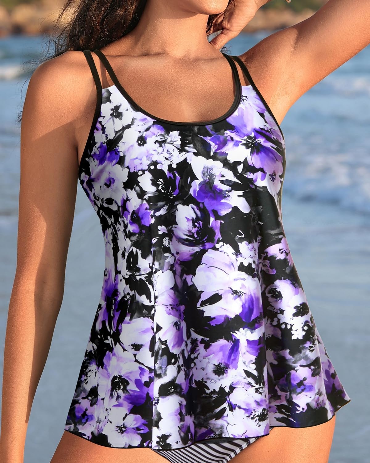 Womens Flowy Tankini Tops Only – Modest Bathing Suit Loose Fit Swimsuit Swim Tops No Bottom 2025 (Available in Plus)(Purple Flowers)