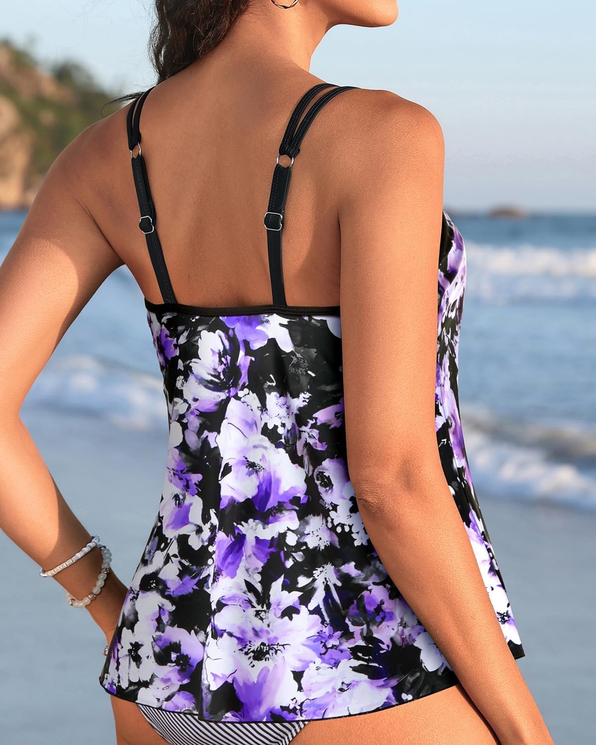 Womens Flowy Tankini Tops Only – Modest Bathing Suit Loose Fit Swimsuit Swim Tops No Bottom 2025 (Available in Plus)(Purple Flowers)
