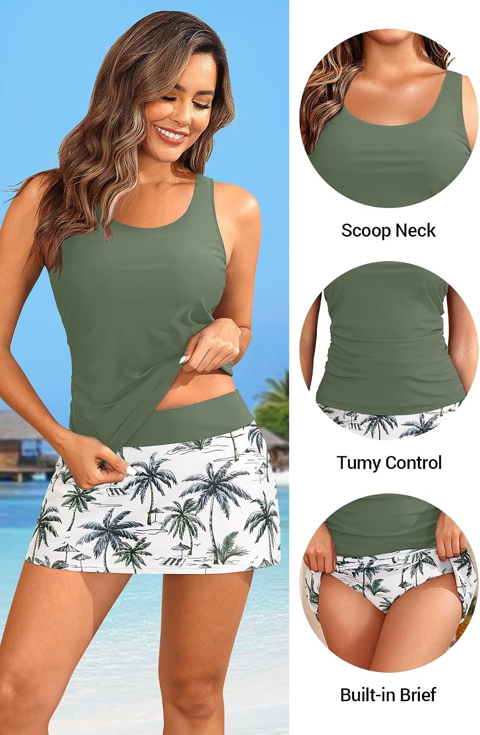 Talisea Tankini Bathing Suits with Skirt – Womens Two Piece Swimsuits with Pockets Tummy Control Modest Swimwear 2026(Green Palm Tree)