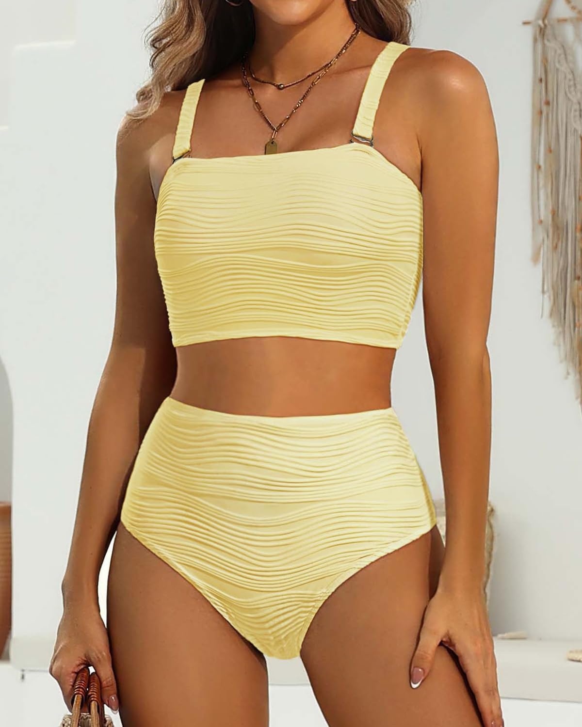 High Waisted Bandeau Bikini Set – Women Strapless Two Piece Swimsuits Ribbed Longline Full Coverage Bathing Suits Swimwear(Light Yellow)