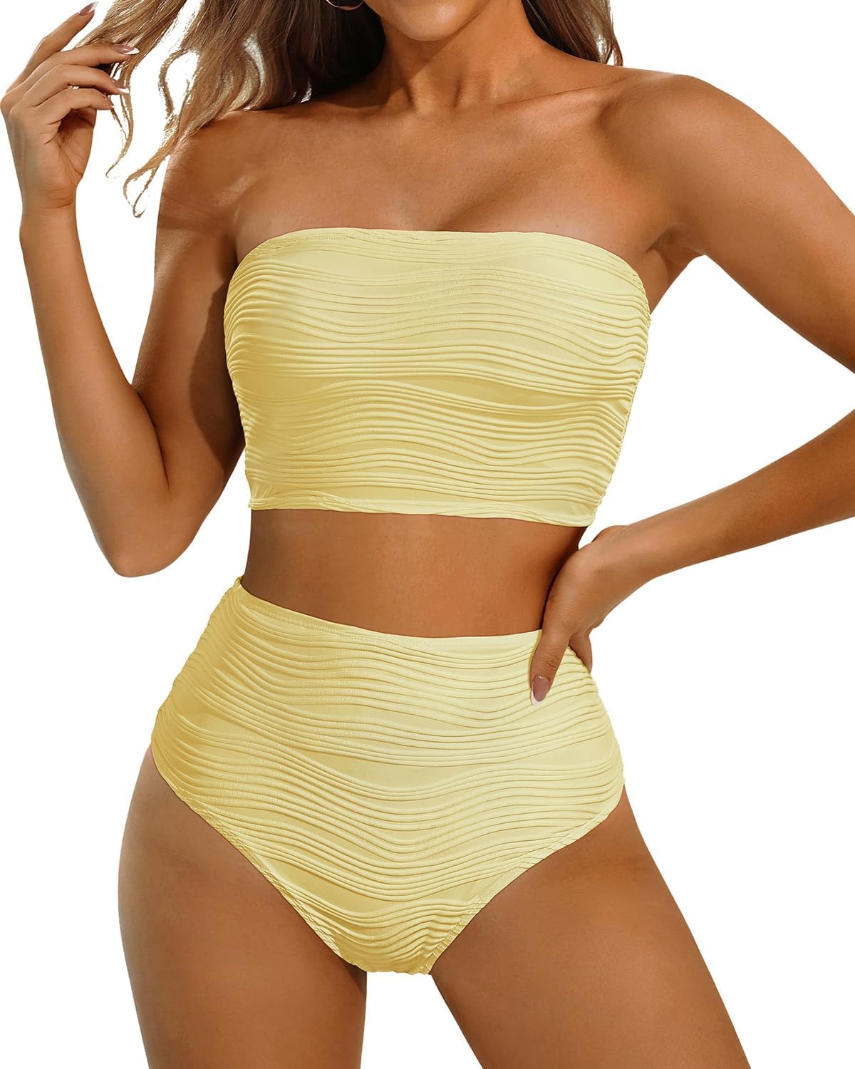 High Waisted Bandeau Bikini Set – Women Strapless Two Piece Swimsuits Ribbed Longline Full Coverage Bathing Suits Swimwear(Light Yellow)