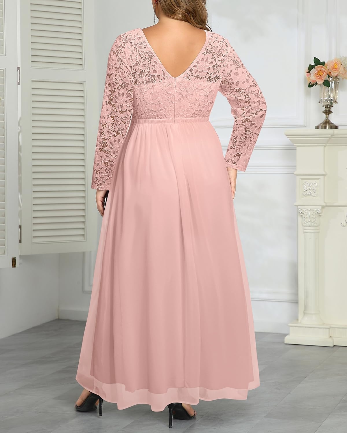 Talisea Plus Size Formal Wedding Dresses – Gowns Evening Prom Elegant V Neck Long Sleeve Lace Chiffon Long Maxi Dress(Pink)