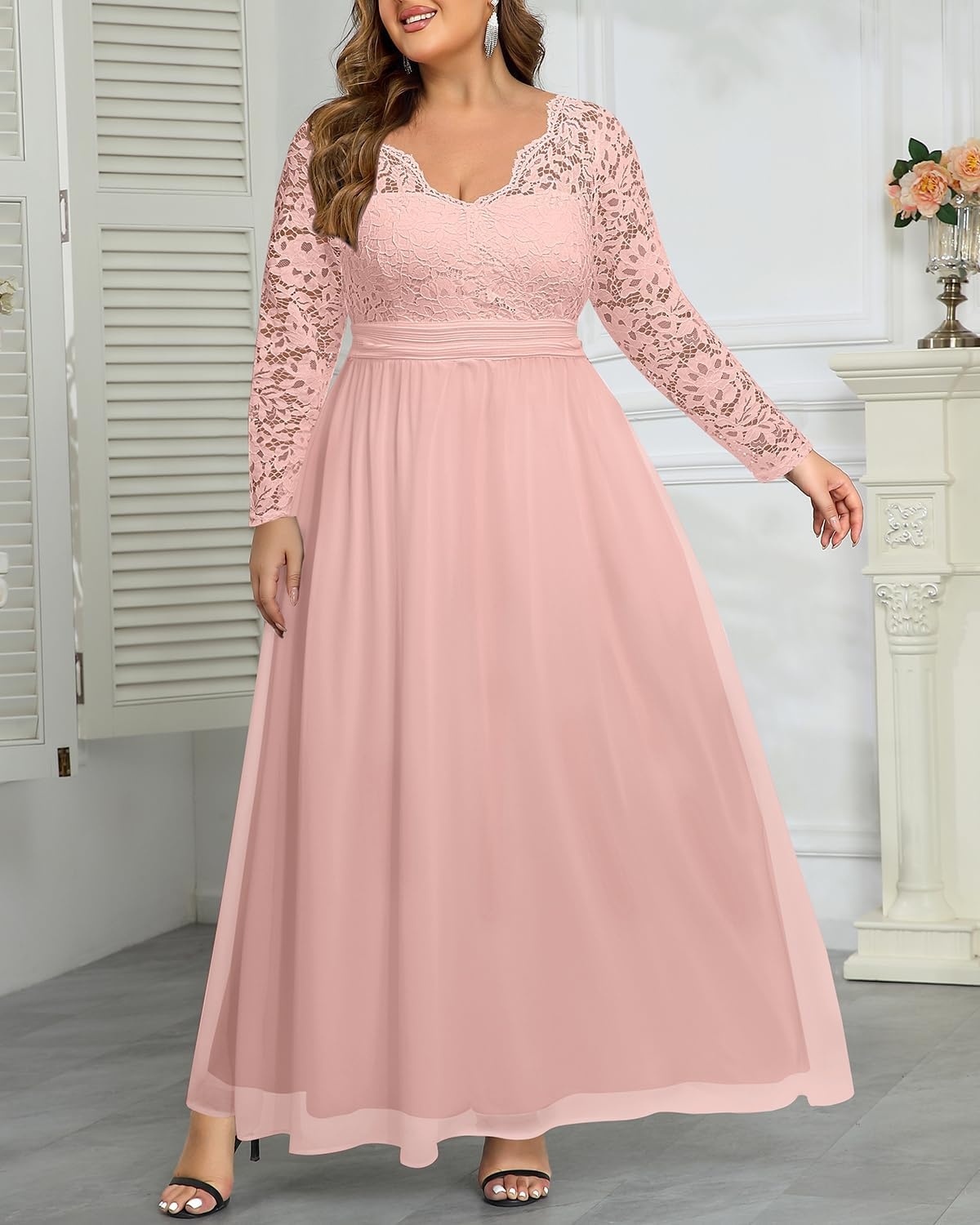 Talisea Plus Size Formal Wedding Dresses – Gowns Evening Prom Elegant V Neck Long Sleeve Lace Chiffon Long Maxi Dress(Pink)