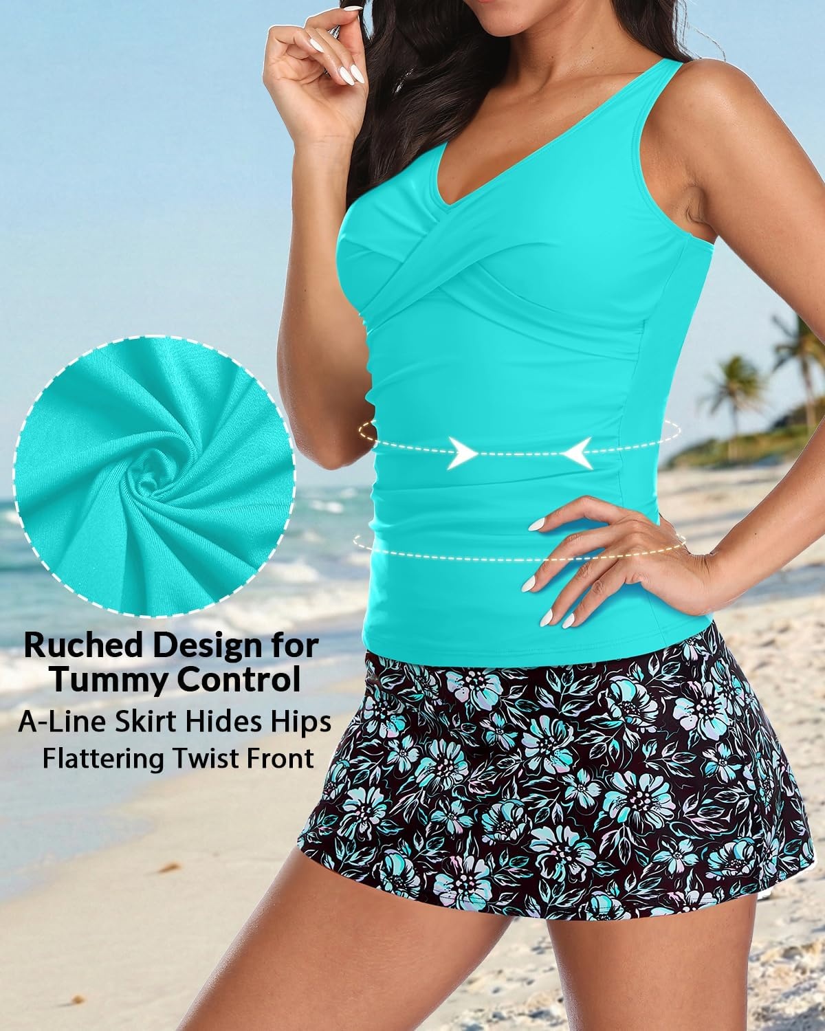 Tankini Bathing Suits with Skirt Two Piece Tummy Control Twist Swimsuits | Adjustable Straps,Slimming Ruching Design,Chic Twist Front and V-Neck,Built-In Safety Brief(Aqua and Flower)