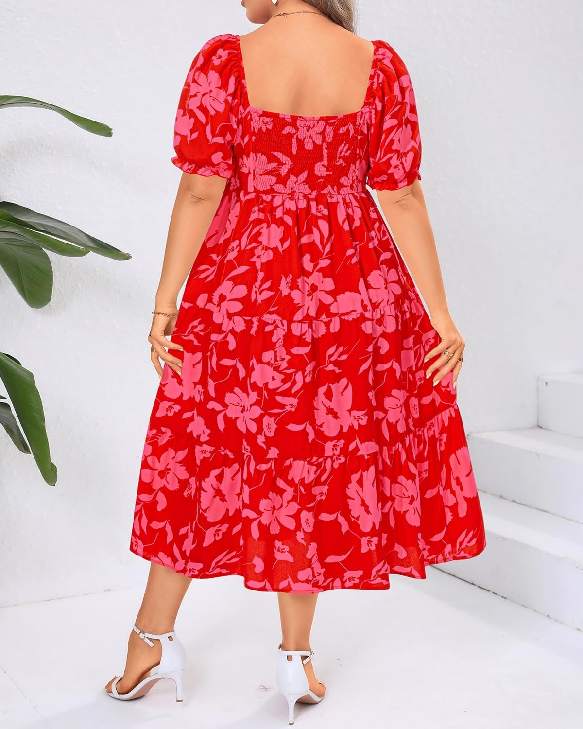 Talisea Plus Size Summer Dress – Casual A-line Flowy Midi Dress for Women | Casual A-line flowy dress, sweetheart neck with drawstring & puff sleeves, tiered midi style for summer, beach & graduation.(Red Floral)
