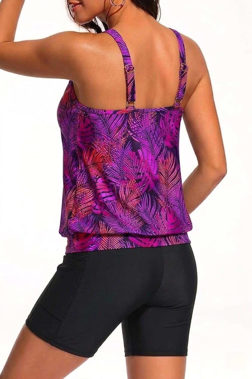 Blouson Tankini with Shorts – 7″ Boy-Leg Two Piece Swimsuit with Pockets | 7″ shorts provide full coverage. Side pockets hold your small essentials. Adjustable straps ensure a personalized fit.(Purple Leaves)