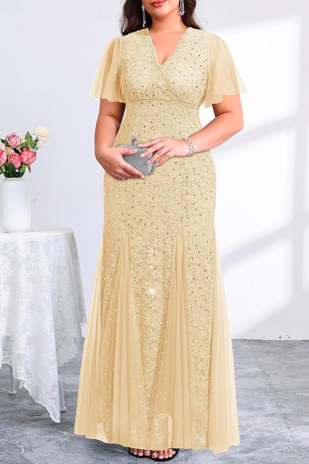 Plus Size Formal Dress Sequin Lace Mermaid Wedding Guest Maxi Gown | V-Neck with Lace Trim, Sheer Flutter Sleeves, High Waist & Tulle Mermaid Hem Gown for Formal Evening, Wedding Guest & Party(Gold)