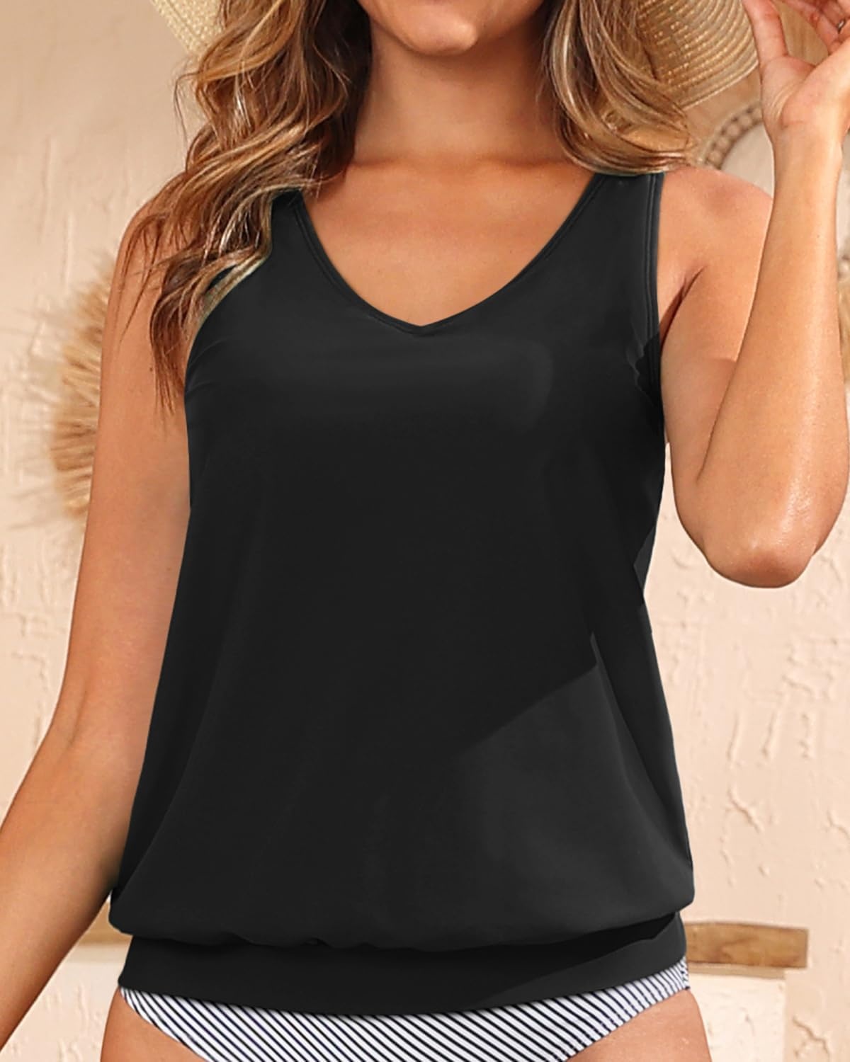 Blouson Tankini Tops for Women – Loose Fit Swim Top Only No Bottom Bathing Suit Modest Swimsuit Top 2025(Black)