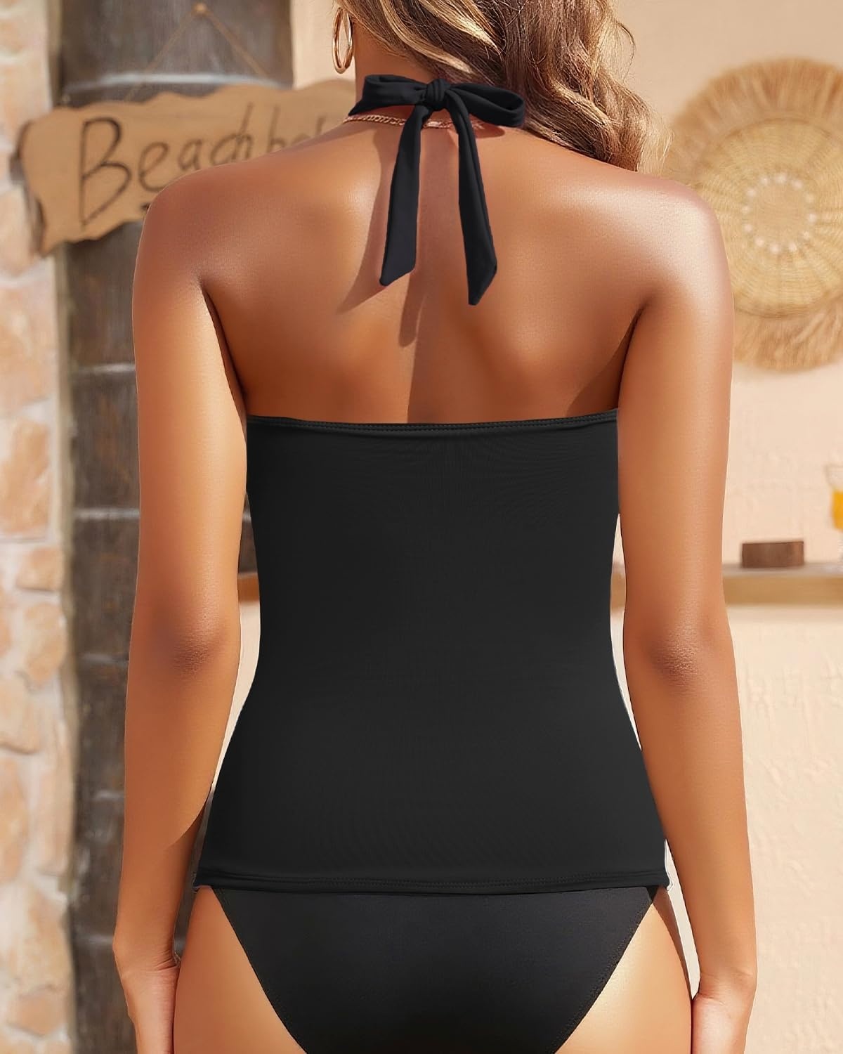 Women Tankini Bathing Suit Top – Halter Swim Tops Only Tummy Control No Bottom Swimwear(Black)