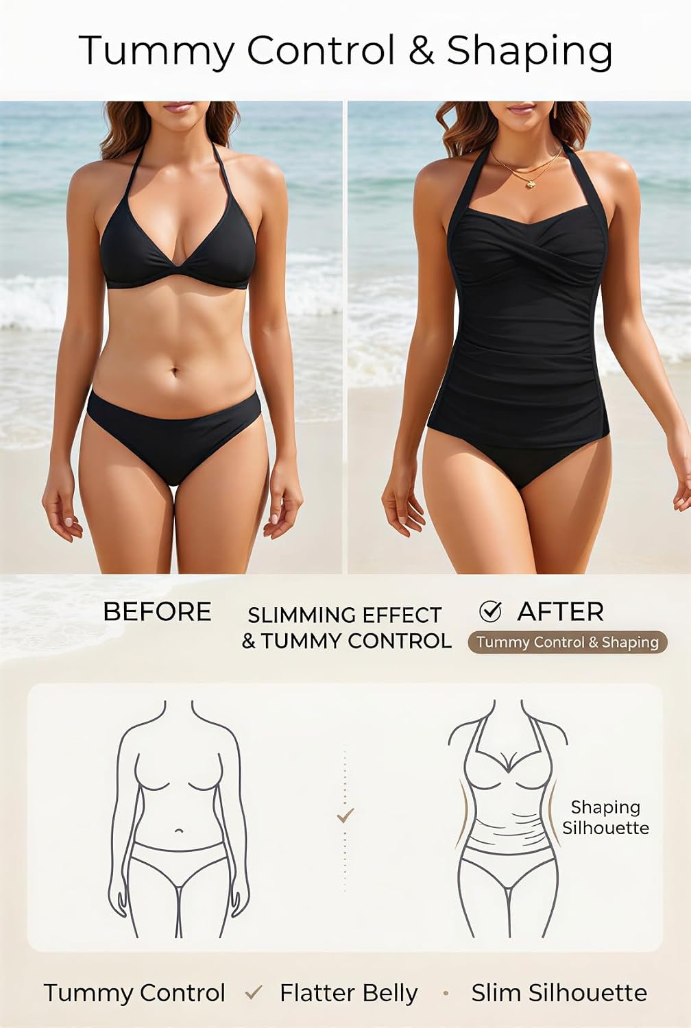 Women Tankini Bathing Suit Top – Halter Swim Tops Only Tummy Control No Bottom Swimwear(Black)