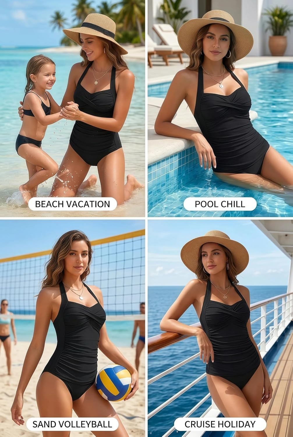 Women Tankini Bathing Suit Top – Halter Swim Tops Only Tummy Control No Bottom Swimwear(Black)