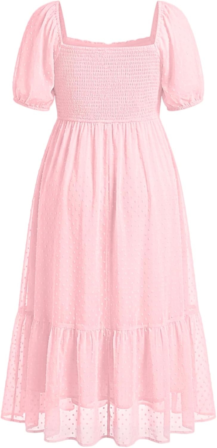 Plus Size Summer Dresses – Swiss Dot Smocked Square Neck Puff Sleeve Boho Maternity Maxi Dress for Baby Shower Wedding Guest(Pink)