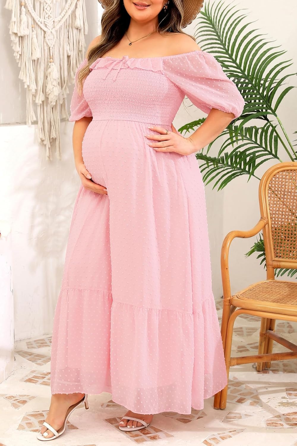 Plus Size Summer Dresses – Swiss Dot Smocked Square Neck Puff Sleeve Boho Maternity Maxi Dress for Baby Shower Wedding Guest(Pink)