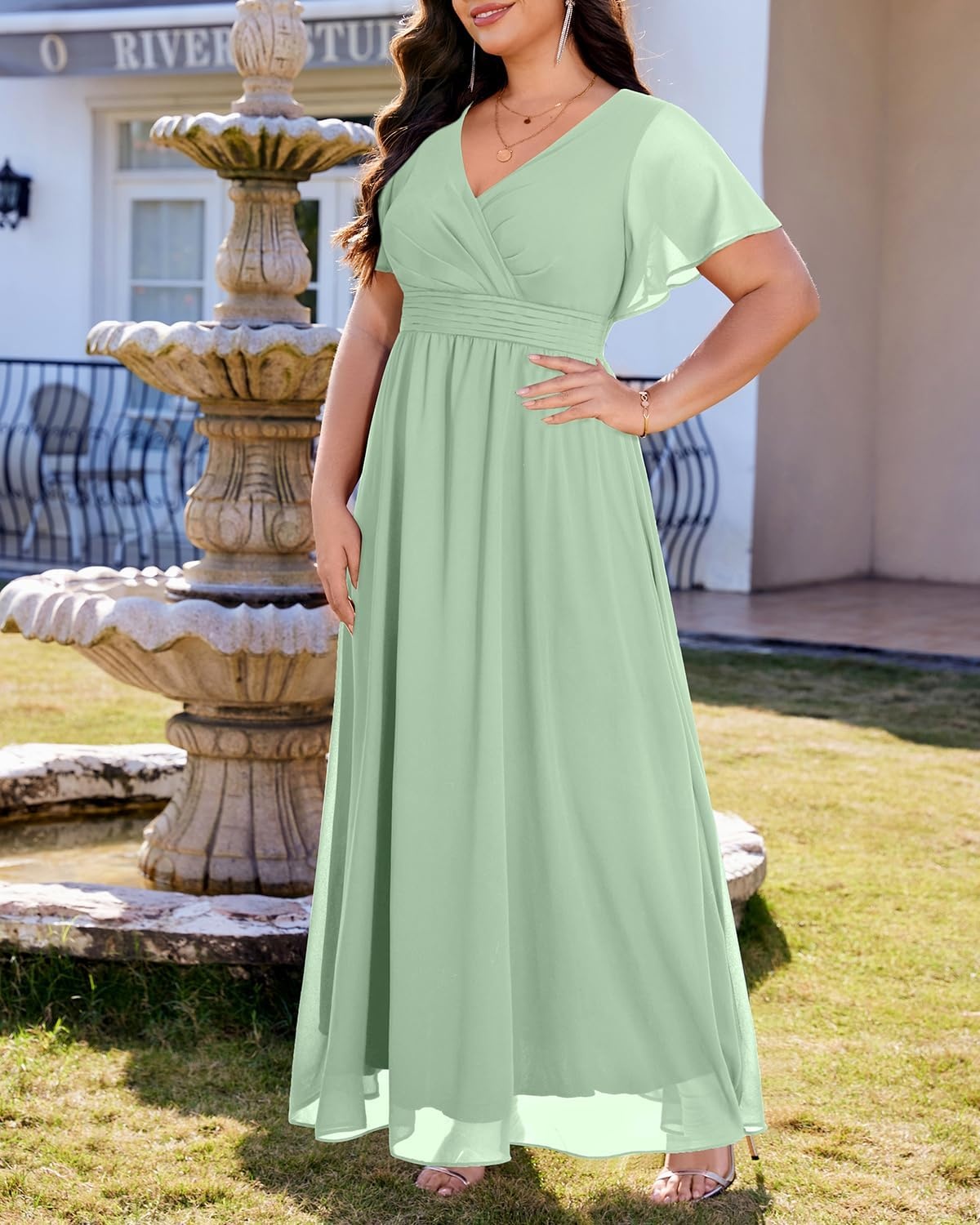 Talisea Plus Size Formal Dresses – V Neck Flutter Sleeve Glitter Prom Evening Gowns Wedding Guest Chiffon Long Maxi Dress(Sage-chiffon)
