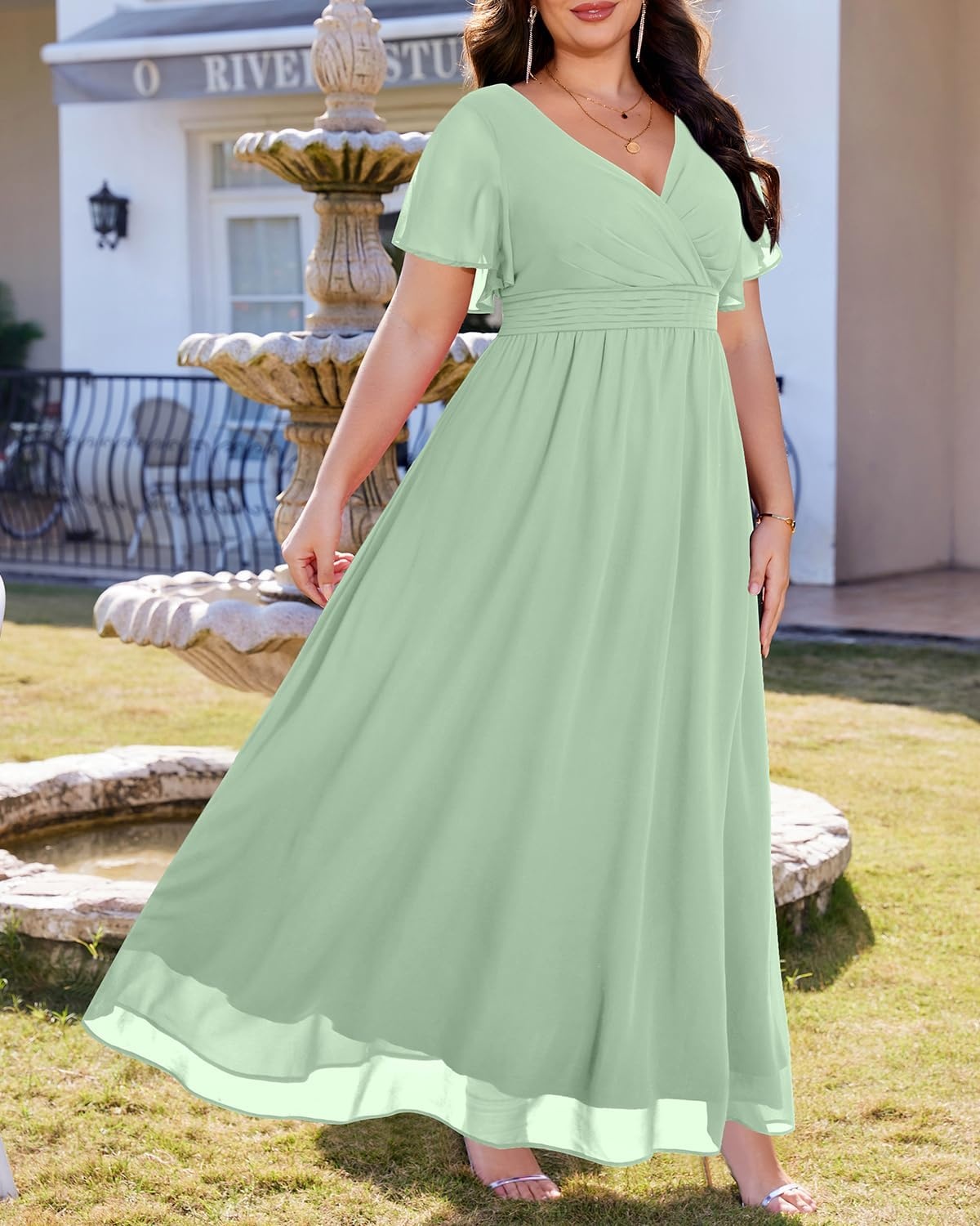 Talisea Plus Size Formal Dresses – V Neck Flutter Sleeve Glitter Prom Evening Gowns Wedding Guest Chiffon Long Maxi Dress(Sage-chiffon)