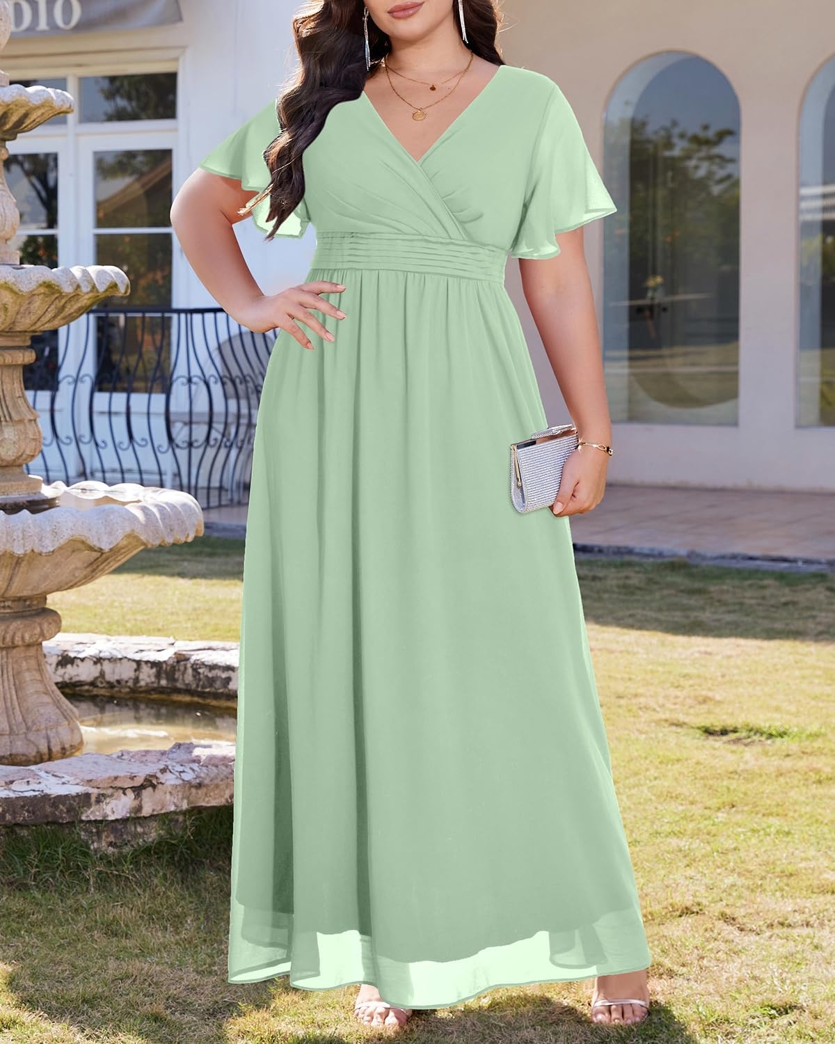 Talisea Plus Size Formal Dresses – V Neck Flutter Sleeve Glitter Prom Evening Gowns Wedding Guest Chiffon Long Maxi Dress(Sage-chiffon)