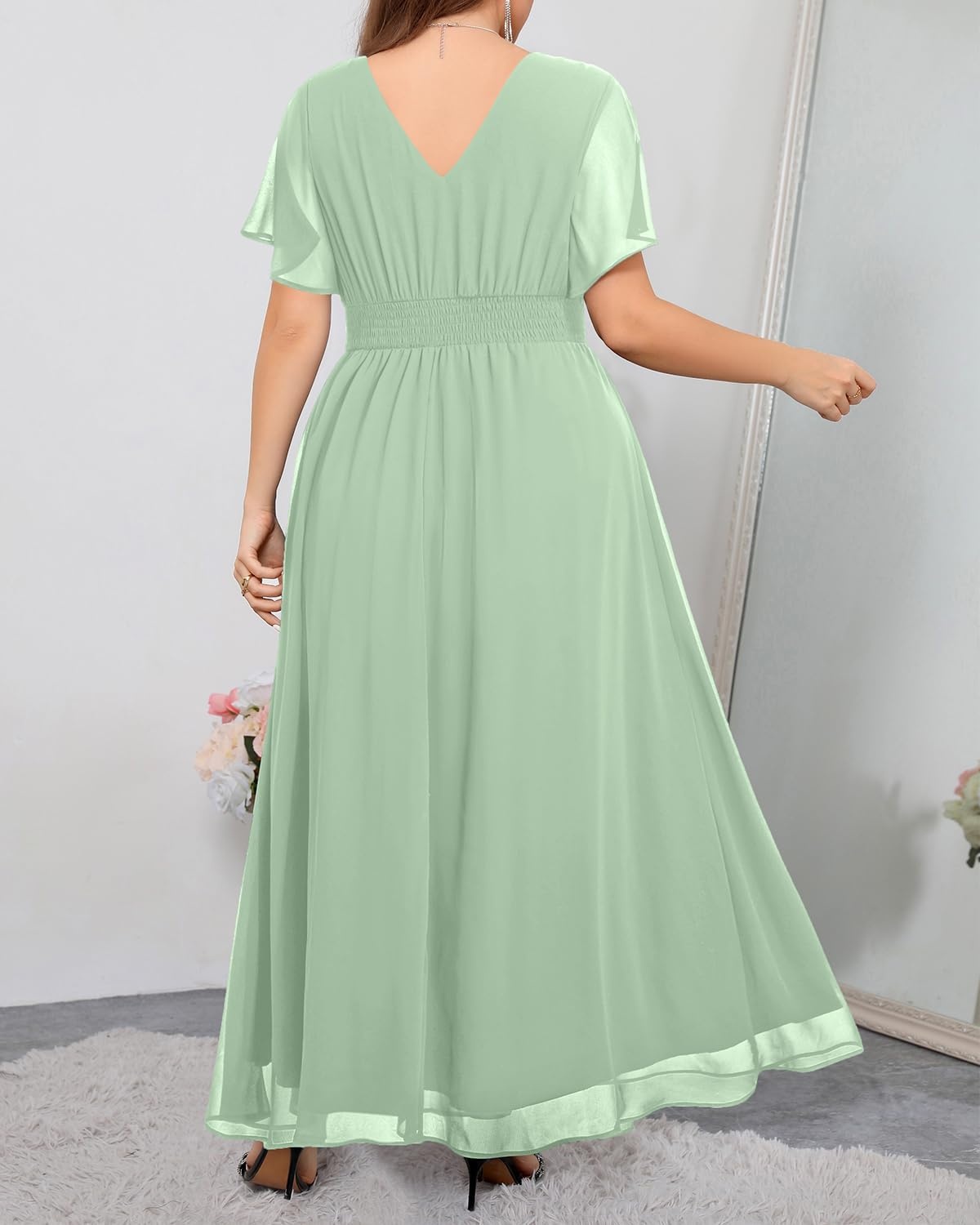 Talisea Plus Size Formal Dresses – V Neck Flutter Sleeve Glitter Prom Evening Gowns Wedding Guest Chiffon Long Maxi Dress(Sage-chiffon)