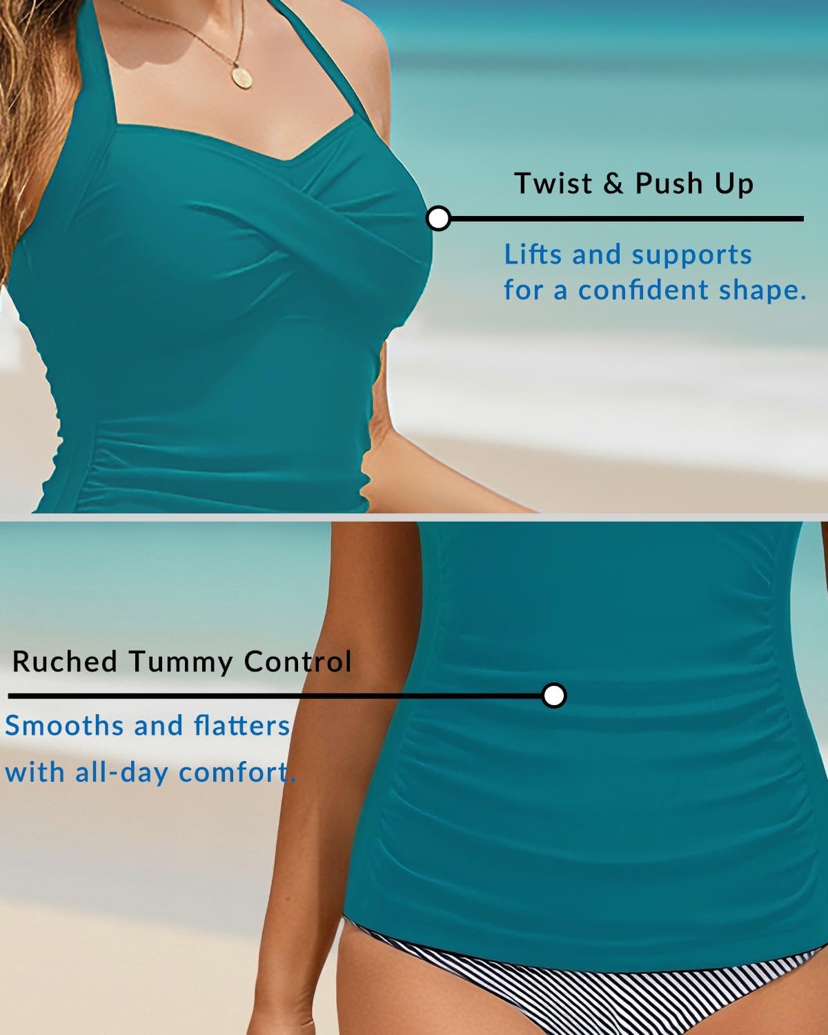 Women Tankini Bathing Suit Top – Halter Swim Tops Only Tummy Control No Bottom Swimwear(Teal)