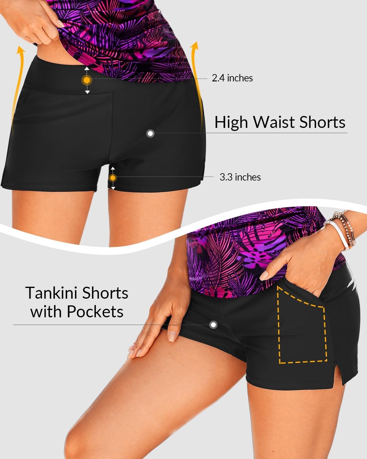 Talisea Tankini with Shorts – Tummy Control Two Piece Swimsuit with Pockets | Tummy control smooths your silhouette. Side pockets keep essentials handy. High-waist boy shorts provide full coverage.(Purple Leaf)