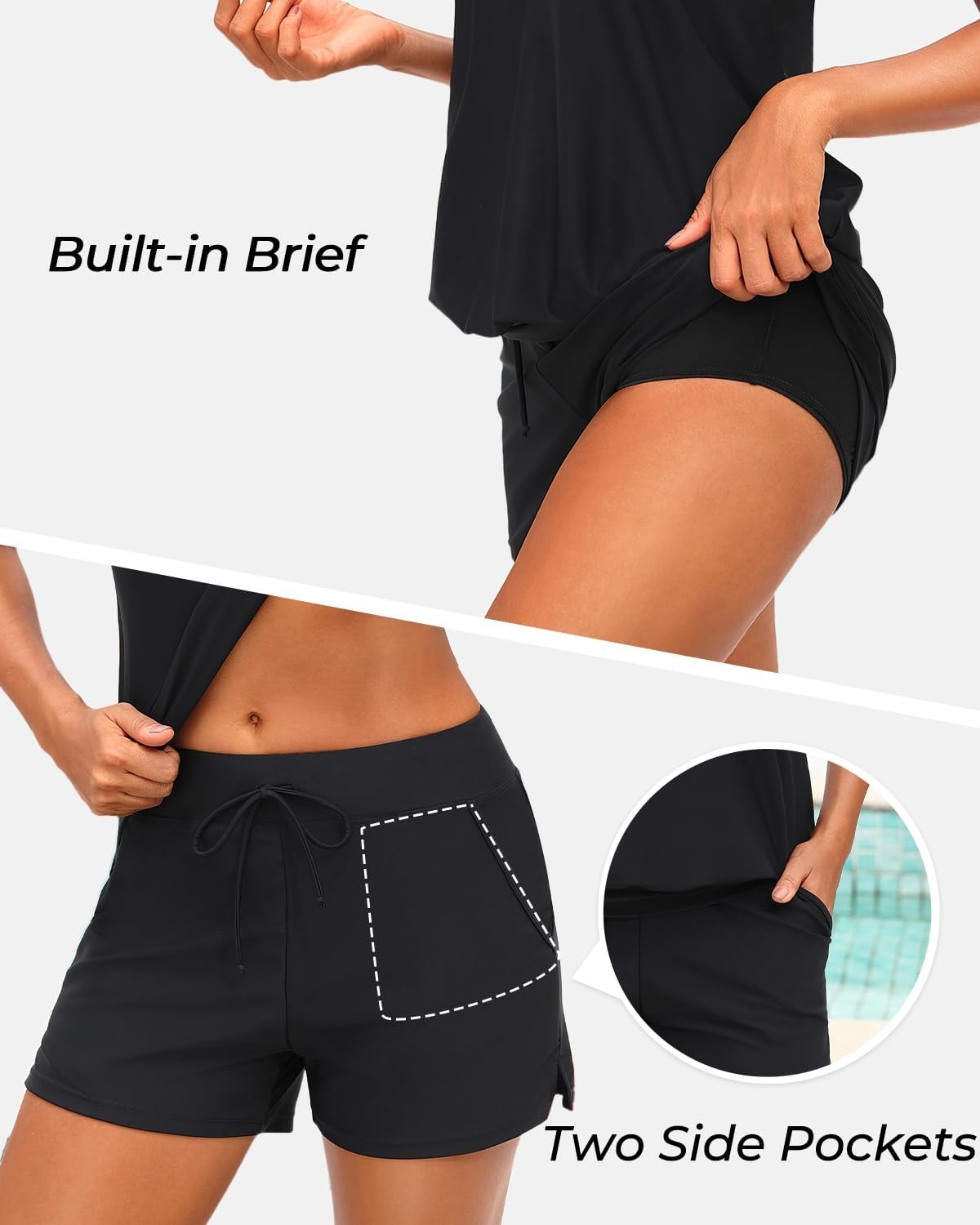 Talisea Womens Tankini Swimsuits with Shorts – 2 Piece Bathing Suits with Pocket Boyshorts Blouson Tummy Control Swimwear(Black)
