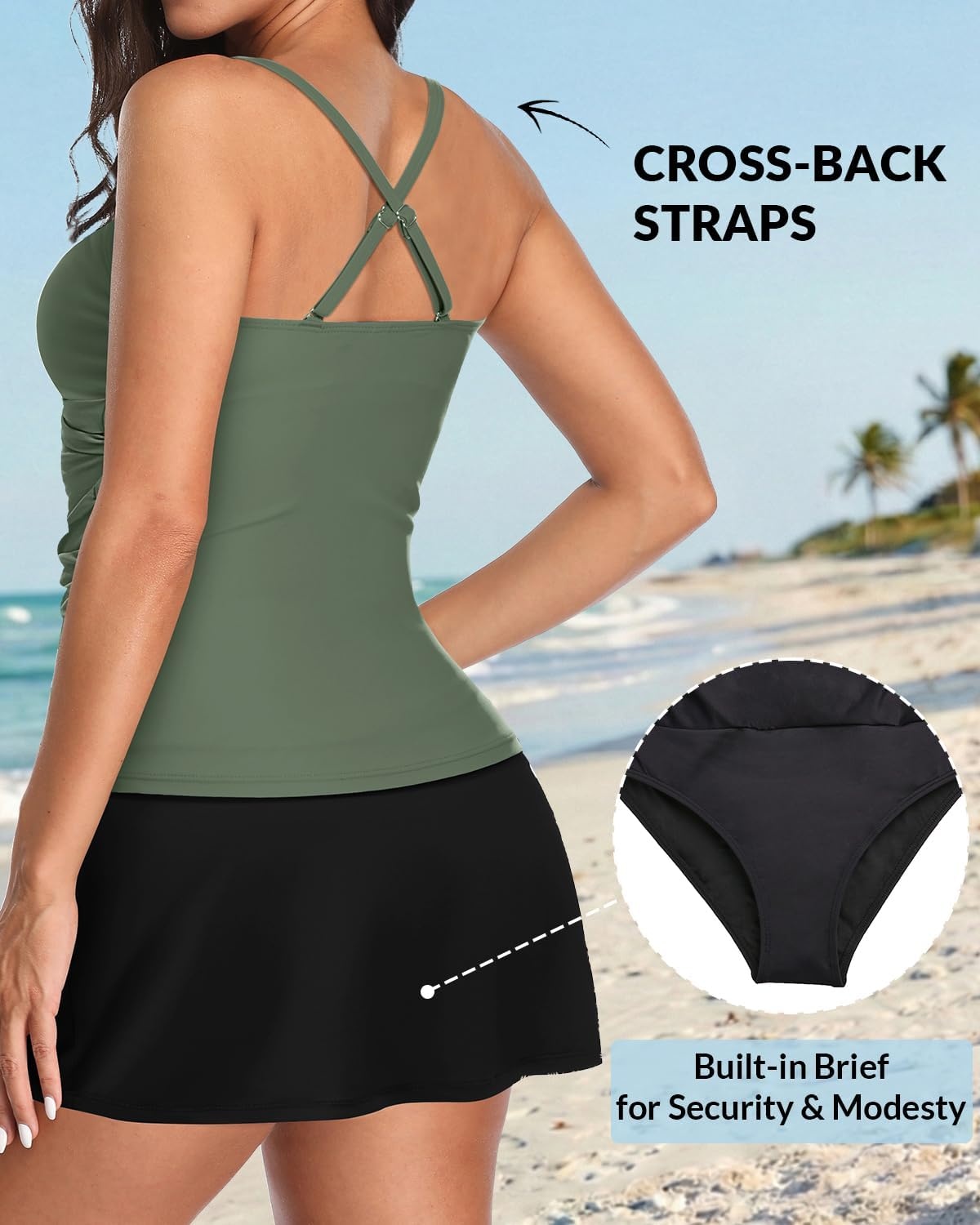 Tankini Bathing Suits with Skirt Two Piece Tummy Control Twist Swimsuits | Adjustable Straps,Slimming Ruching Design,Chic Twist Front and V-Neck,Built-In Safety Brief(Army Green)