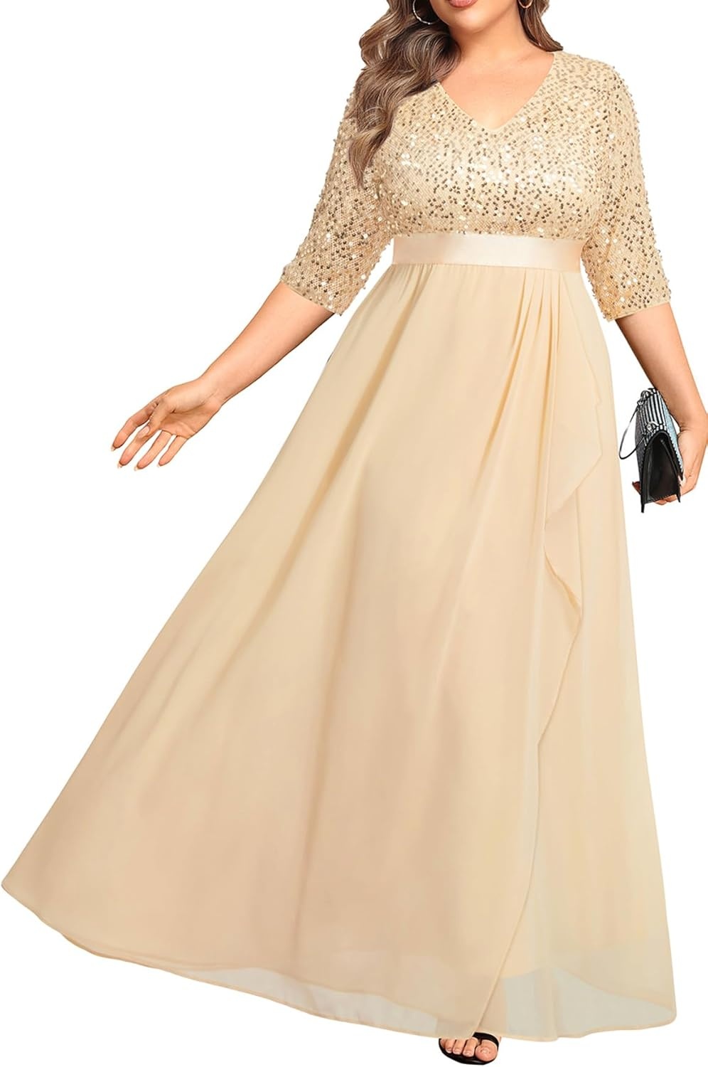 Talisea Champagne Dress for Women Plus Size Wedding Guest Gold Sequin Bridesmaid Mother of the Bride Formal Gowns Long Dress