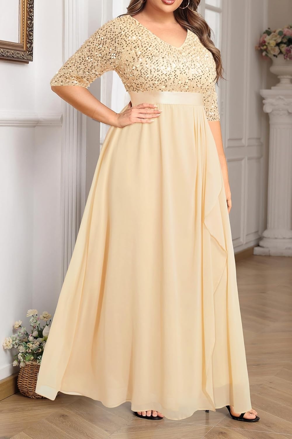 Talisea Champagne Dress for Women Plus Size Wedding Guest Gold Sequin Bridesmaid Mother of the Bride Formal Gowns Long Dress