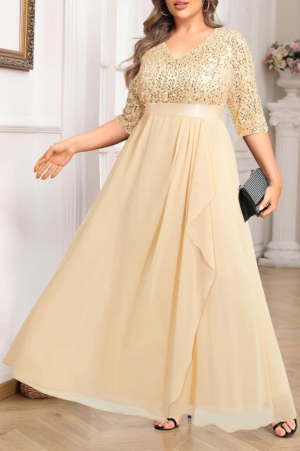 Talisea Champagne Dress for Women Plus Size Wedding Guest Gold Sequin Bridesmaid Mother of the Bride Formal Gowns Long Dress