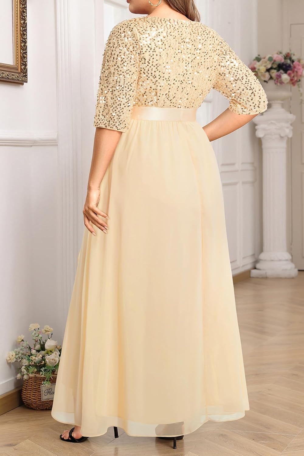 Talisea Champagne Dress for Women Plus Size Wedding Guest Gold Sequin Bridesmaid Mother of the Bride Formal Gowns Long Dress