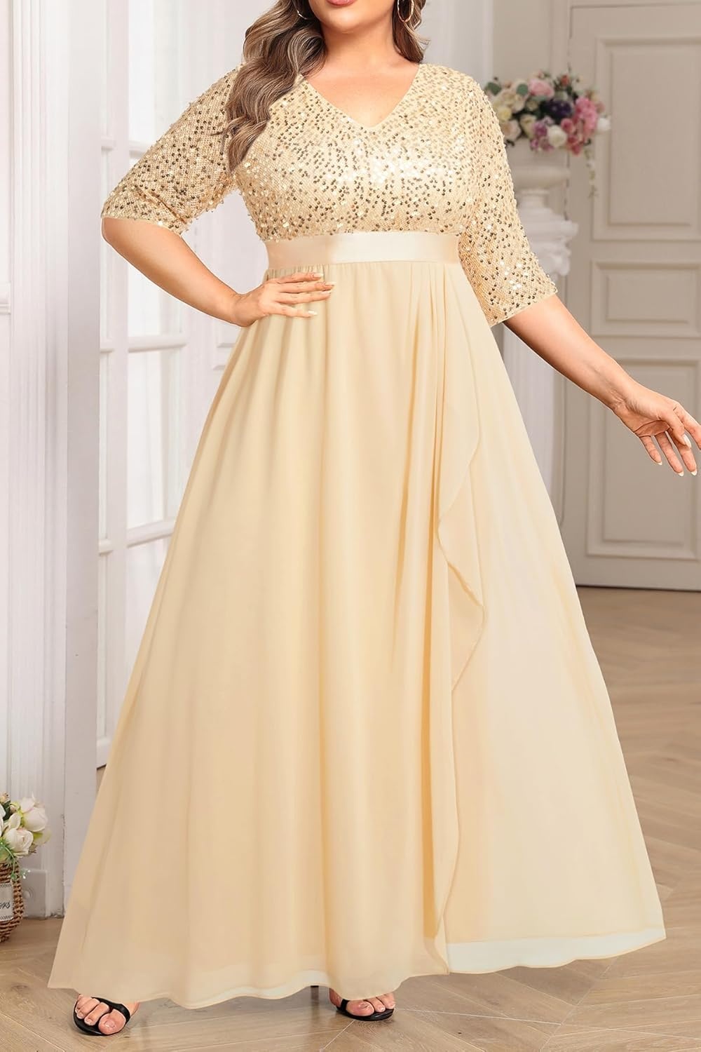 Talisea Champagne Dress for Women Plus Size Wedding Guest Gold Sequin Bridesmaid Mother of the Bride Formal Gowns Long Dress
