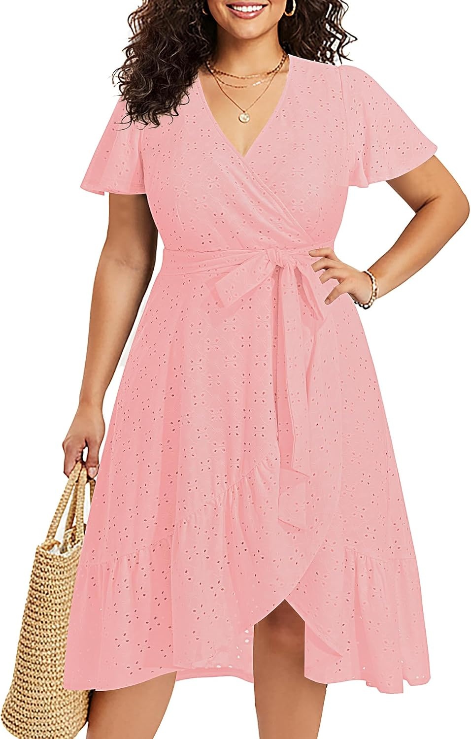Plus Size Summer Dress – Casual Midi Eyelet V Neck A Line Dress for Women | Plus size casual dress, breathable eyelet material, short sleeve wrap V-neck with belt and A-line style for curvy women.(Pink)
