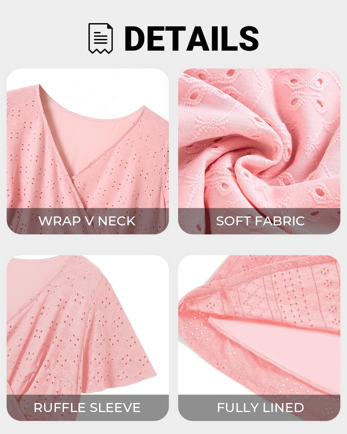Plus Size Summer Dress – Casual Midi Eyelet V Neck A Line Dress for Women | Plus size casual dress, breathable eyelet material, short sleeve wrap V-neck with belt and A-line style for curvy women.(Pink)