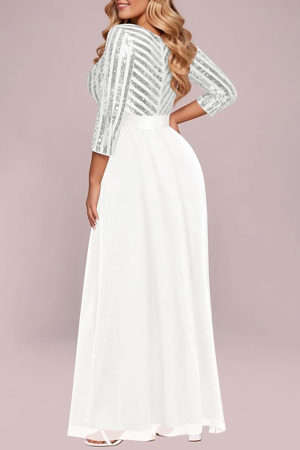 Plus Size Formal Dresses V Neck 3/4 Sleeve Sequin Prom Evening Maxi Dress(White)