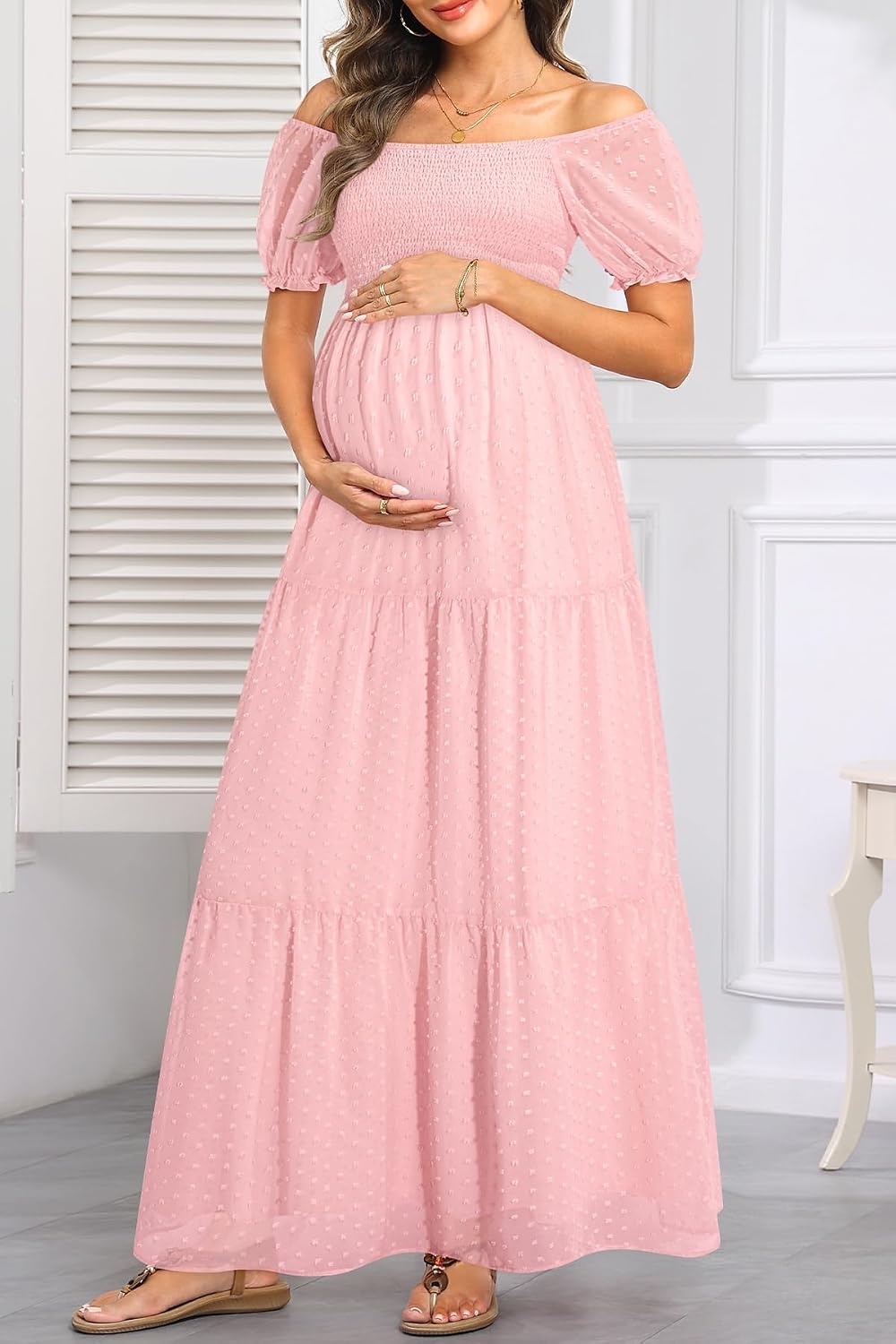 Women’s Off Shoulder Maternity Dress Swiss Dot Boho Baby Shower Dress | Swiss dot chiffon fabric,off shoulder boho design,maternity baby shower dress style(Light Pink)