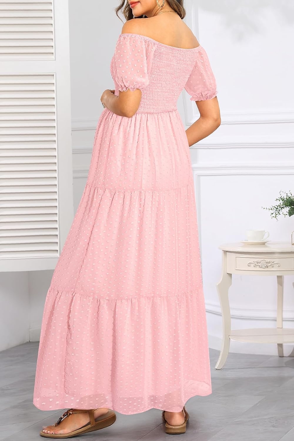 Women’s Off Shoulder Maternity Dress Swiss Dot Boho Baby Shower Dress | Swiss dot chiffon fabric,off shoulder boho design,maternity baby shower dress style(Light Pink)