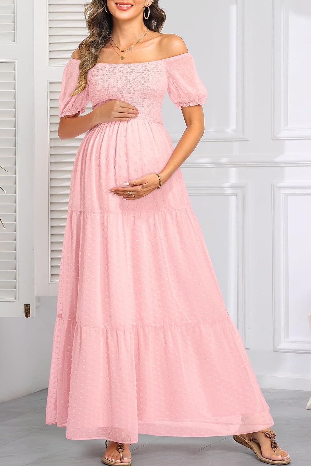 Women’s Off Shoulder Maternity Dress Swiss Dot Boho Baby Shower Dress | Swiss dot chiffon fabric,off shoulder boho design,maternity baby shower dress style(Light Pink)