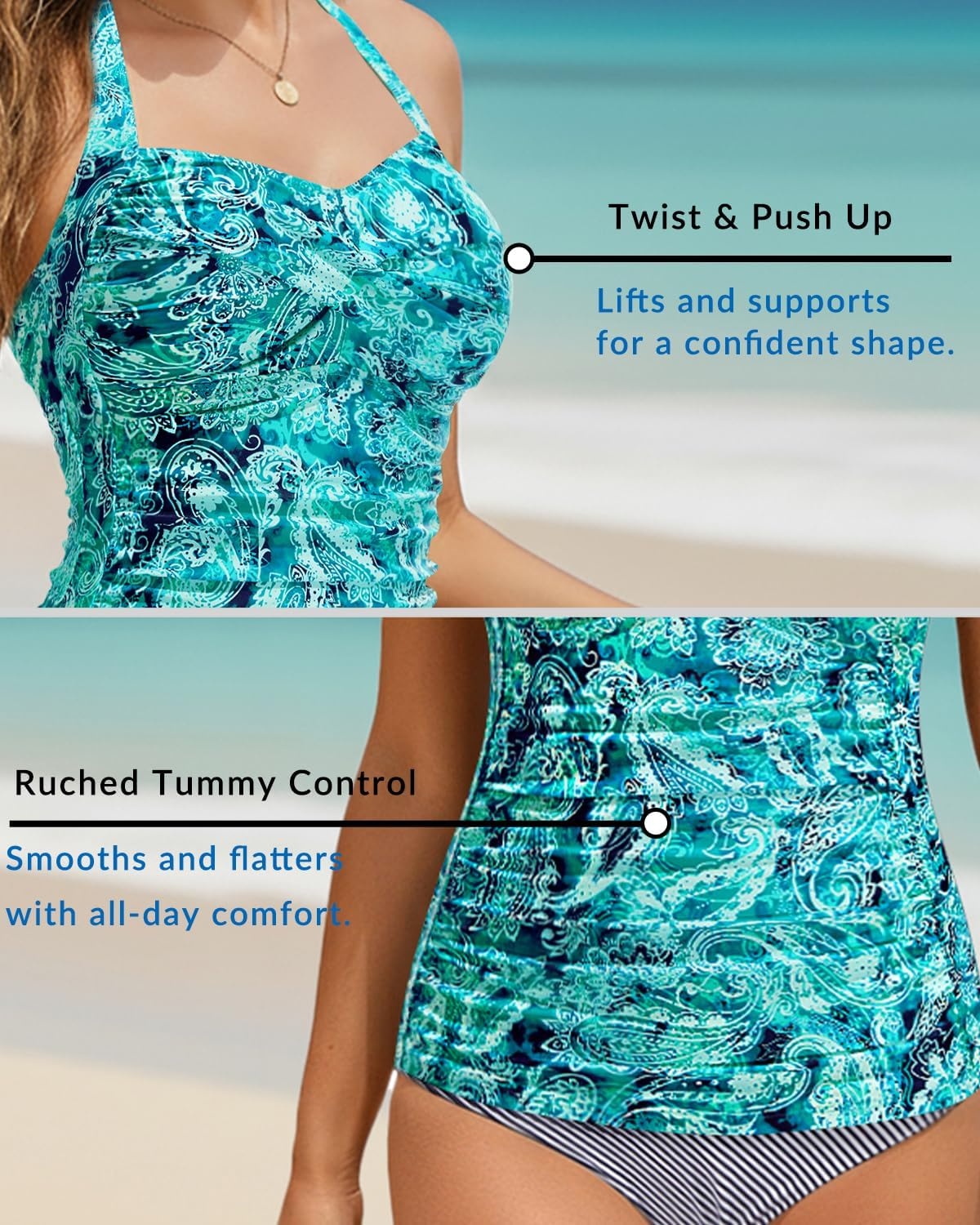 Women Tankini Bathing Suit Top – Halter Swim Tops Only Tummy Control No Bottom Swimwear(Green Paisley)